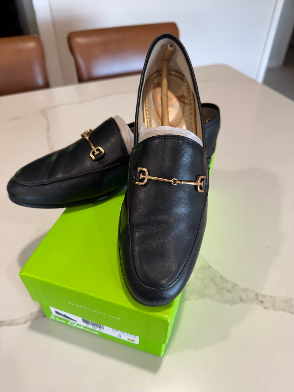 Sam Edelman Black Leather Loafers with Gold Horsebit